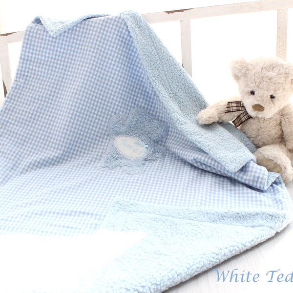 Babydecke Teddyfell Vichy blau Teddy Namen personalisiert Kuscheldecke Kinderwagendecke Wiegendecke Kinderdecke Geschenk Geburt Hundedecke