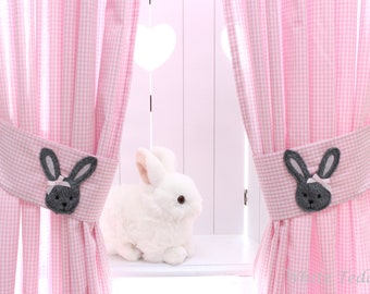 Vorhang Gardine Häschen Schal Vichy Karo rosa Hase Mädchen Kinderzimmer Babyzimmer Vorhänge Raffhalter curtains children rabbit bunny