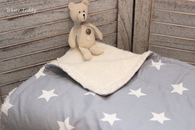 Babydecke, Teddyfell, Maxi Sterne, grau, Kinderdecke, Kuscheldecke, stars, Teddyfell, Baumwolle, Kinderwagendecke, Wiegendecke, Bild 4