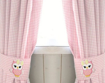 Curtain Owl Girl Vichy Check Pink Curtain Scarf Baby Room Nursery Bird Curtains with Raffle Holder curtains children girl