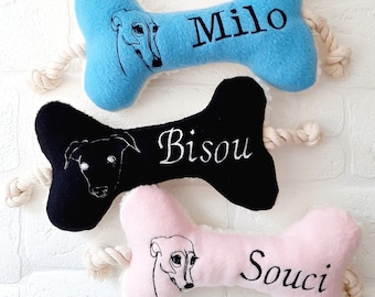 Juguete para perros Whippet personalizado, hueso de perro, galgo, galgo, galgo, cojín para perros, juguete para cachorros, nombre, hueso de cachorro, regalo