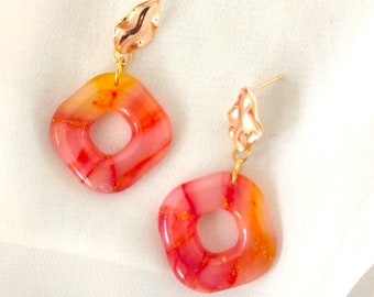 Beautiful red/orange/yellow marble dangle polymer clay earrings with butterfly closure