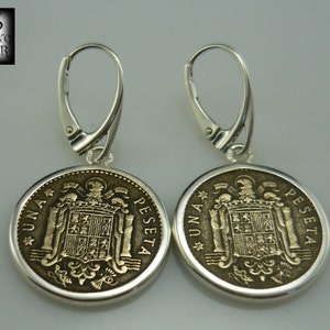 Kolczyki monety Hiszpania 1947 monety brąz aluminium srebro próby 925 monety Europa biżuteria oryginalna na 47 urodziny hand made zdjęcie 3