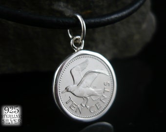 Barbados 1973 coin pendant * silver 925 * copper nickel coin * leather necklace * coins original * tern bird * hand made jewelry * birthday
