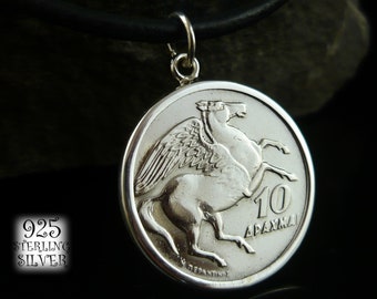 Pendant coin Greece 1973 * 925 sterling silver * 73rd birthday* gift for women * pegasus pendant* copper nickel coin jewelry hand made*horse