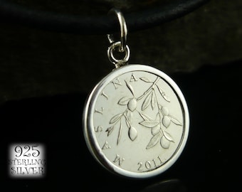 Coin pendant Croatia 2011 * steel coin * silver Ag 925 * leather necklace * Europe coin * for 20th birthday * olive branch * hand made