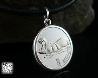 Pendant coin Somalia 2019 * Silver Ag 925 * copper-nickel coin * Africa coin * leather necklace * hand made jewelry * hippopotamus
