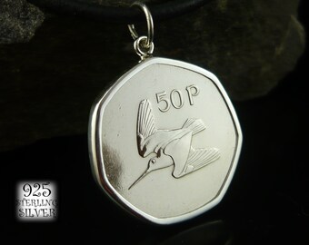 Ireland pendant 1988 * silver Ag 925 * original copper-nickel coin * leather necklace * chain * for 50th birthday * woodcock bird