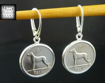 Coin earrings Ireland 1969 * silver Ag 925 * original copper-nickel coin * for 18th birthday * hand made jewelry * wolfhound dog * harp