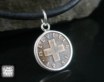Pendant coin Switzerland 1951 * 925 sterling silver * bronze coin * for 18th birthday * Swiss cross  *necklace with coin * Spike of wheat