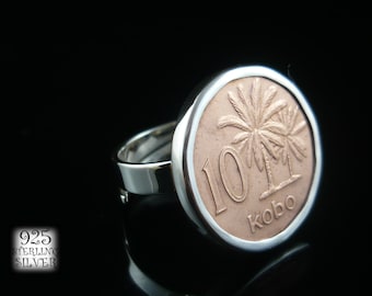 Nigeria Coin Ring * 925 Sterling Silver * Original Copper Coated Steel Coin * Birthday * Adjustable Ring * Palm