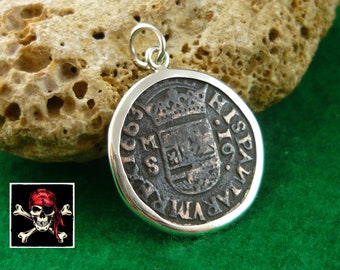 Spain pendant 16 Maravedis 1663 * 925 silver * original copper coin * pirate coin * leather necklace * original gift * 17th century