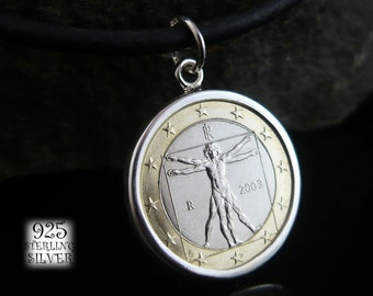 Colgante Italia 2003 * plata Ag 925 * moneda bimetálica original * collar de cuero * para cumpleaños * Hombre de Vitruvio * Leonardo da Vinci