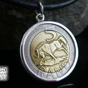 South Africa coin pendant 2005 * Ag 925 silver * bimetal Africa coin * leather necklace * 18th birthday * hand made jewelry * wildebeest