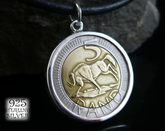 South Africa coin pendant 2005 * Ag 925 silver * bimetal Africa coin * leather necklace * 18th birthday * hand made jewelry * wildebeest