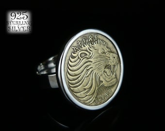 Ring with a coin Ethiopia * 925 silver * coin original brass * for birthday * adjustable ring * lion head * hand made