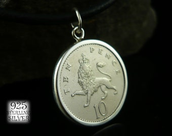 Pendentif UK 1992 * Silver Ag 925 * Original Coin Copper-Nickel * Collier Cuir * Anniversaire * Bijoux faits à la main