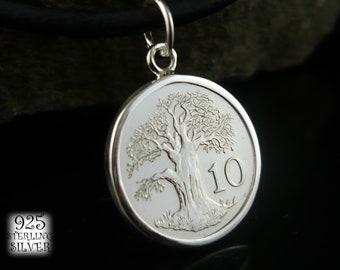 Colgante de moneda de Zimbabwe 1994 * plata Ag 925 * África * árbol baobab * moneda de cobre-níquel * para el 18 cumpleaños * joyería hecha a mano * pájaro