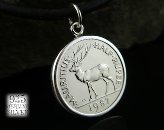 Mauritius Pendant 1987 * Silver Ag 925 * Original Coin Nickel Plated Steel * Leather Necklace * Chain * 18th Birthday * Deer * Hand Made