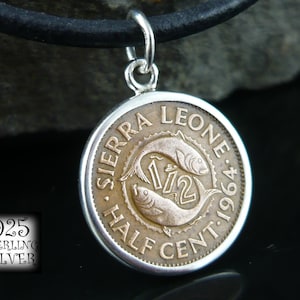Afrika Sierra Leone 1964 Anhänger * Silber Ag 925 * Original Bronzemünze * Lederhalskette * Kette * Handarbeit * zum 18. Geburtstag * Fisch