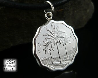 Pendant coin Asia Iraq 1981 * 925 sterling silver * Stainless steel coin *leather necklace *jewelry hand made * pendant three palm trees