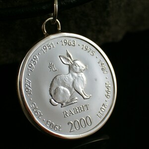 Chinese zodiac rabbit 925 sterling silver pendant coin Chinese horoscope birthday gift rabbit pendant gift for women pendant silver image 1