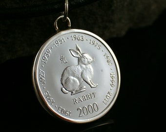 Chinese zodiac rabbit 925 sterling silver pendant coin Chinese horoscope birthday gift rabbit pendant gift for women pendant silver