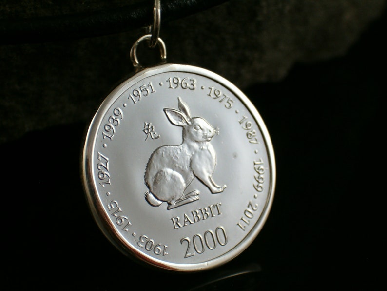 Chinese zodiac rabbit 925 sterling silver pendant coin Chinese horoscope birthday gift rabbit pendant gift for women pendant silver image 1