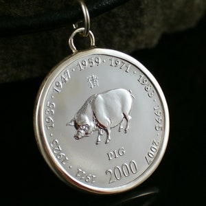 Chinese zodiac pig 925 sterling silver pendant coin Chinese horoscope birthday gift pig pendant gift for women pendant silver image 1