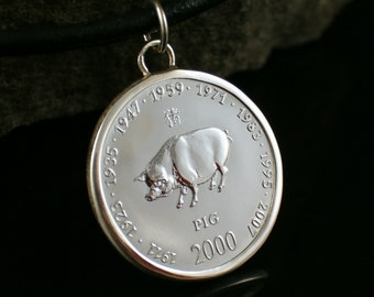 Chinese zodiac pig 925 sterling silver pendant coin Chinese horoscope birthday gift pig pendant gift for women pendant silver