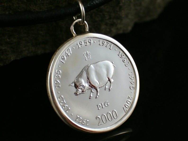Chinese zodiac pig 925 sterling silver pendant coin Chinese horoscope birthday gift pig pendant gift for women pendant silver image 1