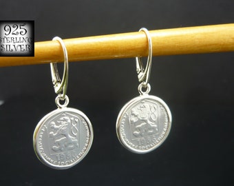 Earrings coins Czechoslovakia 1986 * aluminum coins * 925 sterling silver * Europe coins * original jewelry * for 18th birthday * lion coins