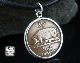 Ireland pendant 1942 * silver Ag 925 * leather necklace * original bronze coin * for 18th birthday * hand made jewelry * pig * chain