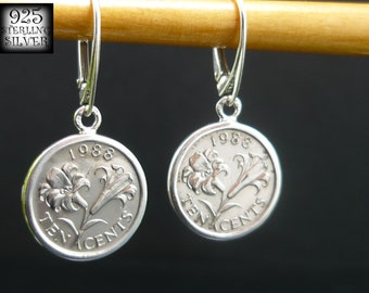 Bermuda Coin Earrings 1988 * Copper-Nickel Coins * 925 Sterling Silver * Lilies * Original Jewelry * 18th Birthday * North America