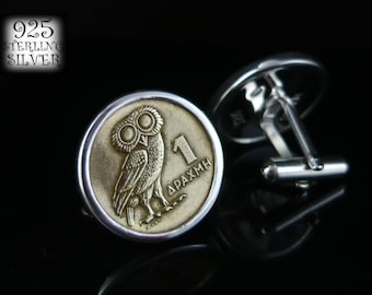 Cufflinks Greece * 925 silver * original brass coins * owl *gift for him *gift for husband *for birthday *for wedding