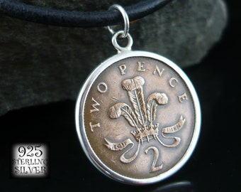 Pendant Great Britain 1989 * Silver Ag 925 * Coin Original Bronze * For Birthday * Leather Necklace * Chain * Queen * Two Penny