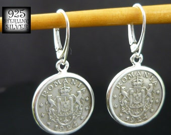 Earrings coins Romania 1924 * original copper-nickel coins * 925 sterling silver * Europe coins * for 24th birthday * hand made jewelry
