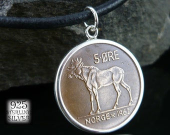 Wisiorek moneta Norwegia 1962 * srebro Ag 925 * moneta brąz * naszyjnik skóra * moneta łoś * na 62 urodziny * biżuteria dla niej * Europa