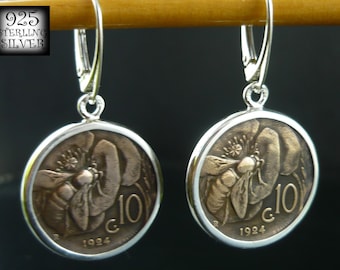 Italy 1924 earrings * copper coins * 925 silver * original jewelry * for birthdays * hand made * bee * 1925 * 1927 * 1934