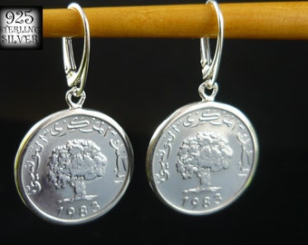 Tunisia 1983 coins earrings * aluminum coins * 925 sterling silver * African coins * original jewelry * for 18th birthday * oak tree