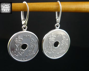 Kolczyki monety Dania 1976 * monety oryginalne miedzionikiel * srebro próby 925  * biżuteria oryginalna * na 25 urodziny * hand made
