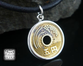 Coin pendant Japan 1975 * silver Ag 925 * Asia coin * leather necklace * brass coin * for birthday * pendant hand made * rice