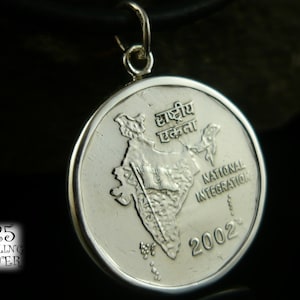 Anhänger Indien 2002 * Original Kupfer-Nickel-Münze * Silber Ag 925 * Lederkette * Löwe * zum Geburtstag * Asien * Karte von Indien * handgefertigt