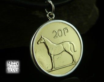 Ireland pendant 1986 * Ag 925 silver * original brass coin * leather necklace * chain * for 20th birthday * hunting horse * harp