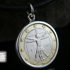 Hanger Italië 2007 * zilver Ag 925 * originele munt bimetaal * leren ketting * voor verjaardag * Vitruviusman * Leonardo da Vinci