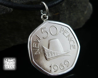 Guernsey Pendant 1969 * Silver Ag 925 * Original Copper-Nickel Coin * 50th Birthday * Medallion * Leather Necklace * Chain * Cap