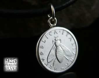 Italy 1957 pendant * 925 silver * for 18th birthday * leather necklace * original aluminum coin * chain * bee * hand made gifts