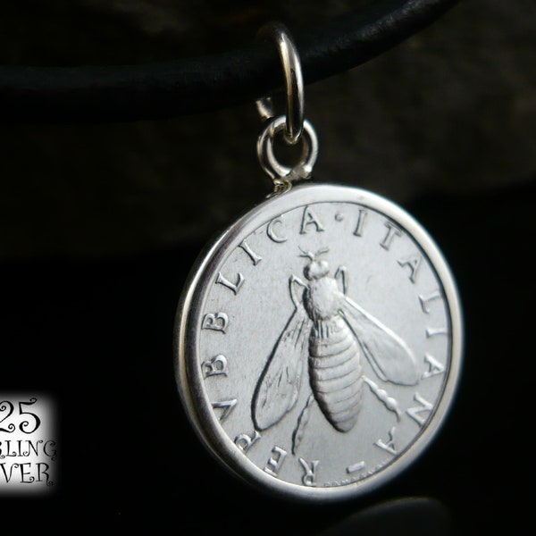 Italy 1957 pendant * 925 silver * for 18th birthday * leather necklace * original aluminum coin * chain * bee * hand made gifts