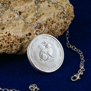 Chinese zodiac rabbit 925 sterling silver pendant coin Chinese horoscope birthday gift rabbit pendant gift for women pendant silver image 2