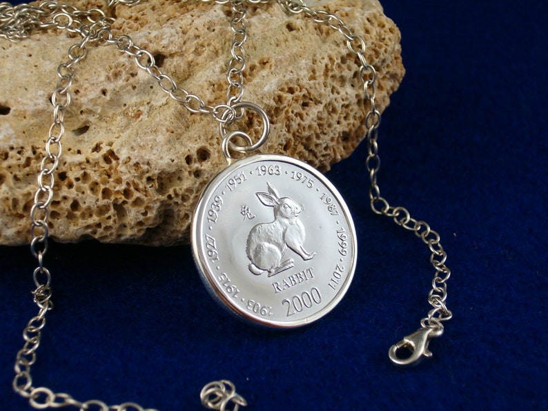 Chinese zodiac rabbit 925 sterling silver pendant coin Chinese horoscope birthday gift rabbit pendant gift for women pendant silver image 2